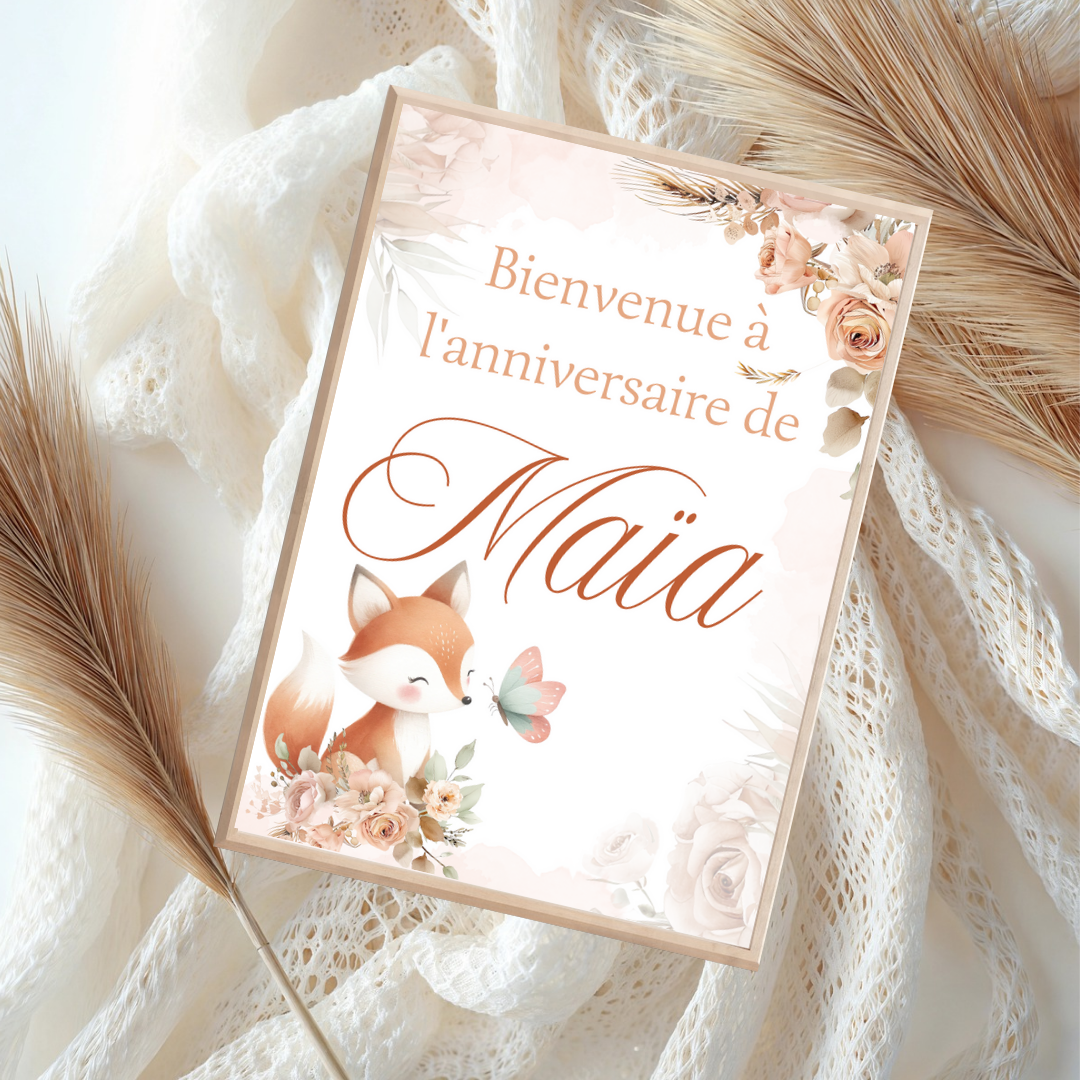 Affiche personnalisée anniversaire biche et roses