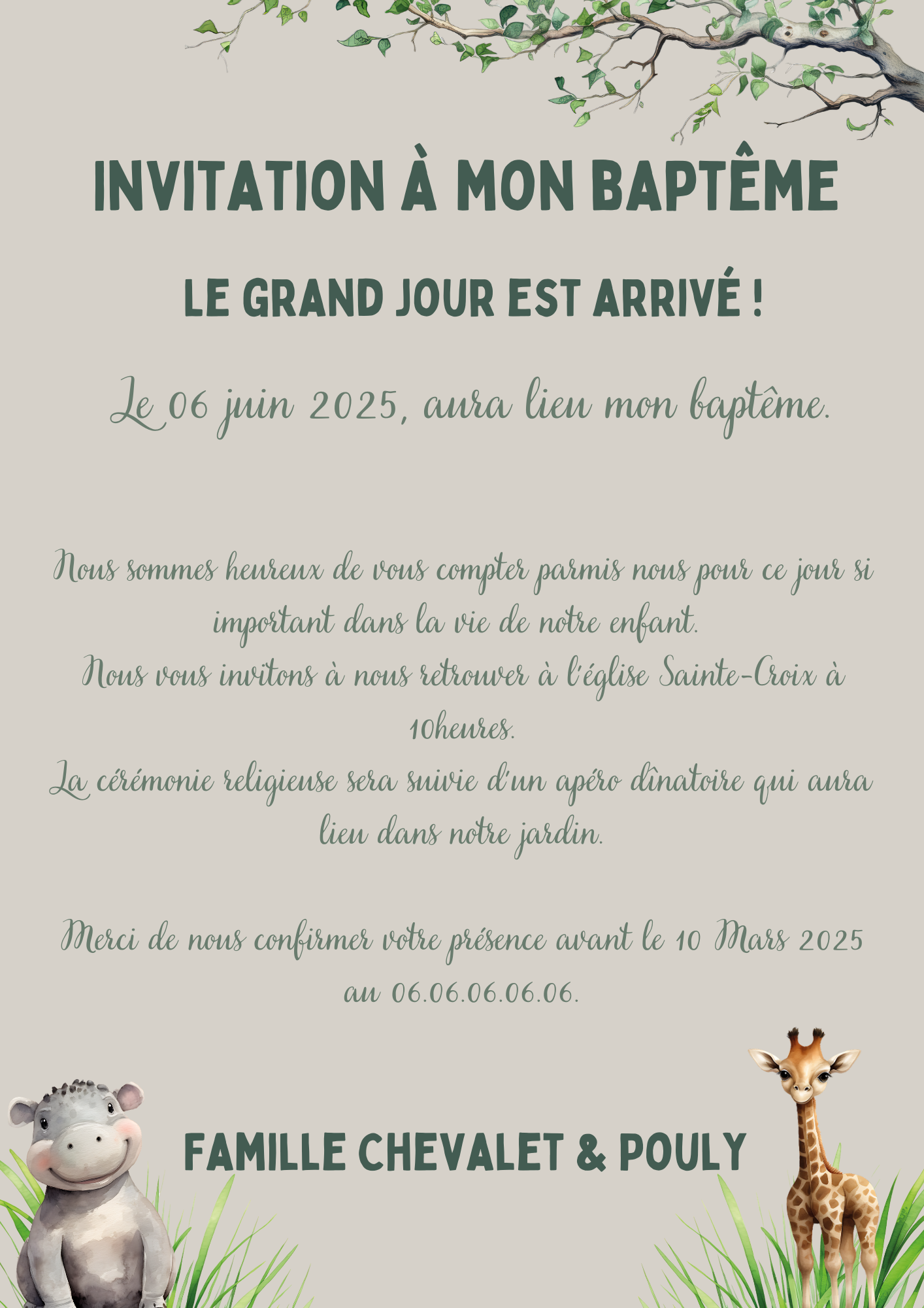 Faire part baptême garçon " jungle "