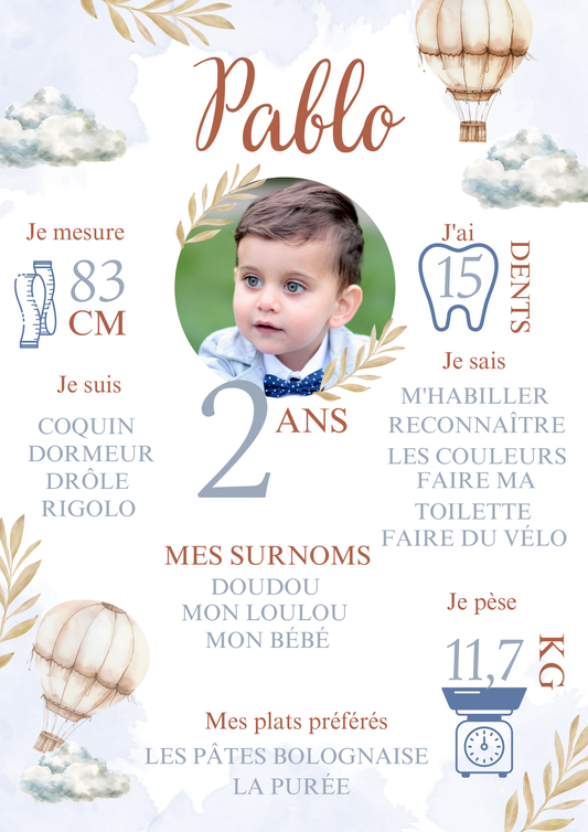Affiche personnalisée anniversaire " dans les airs " nuage, montgolfière, bleu,