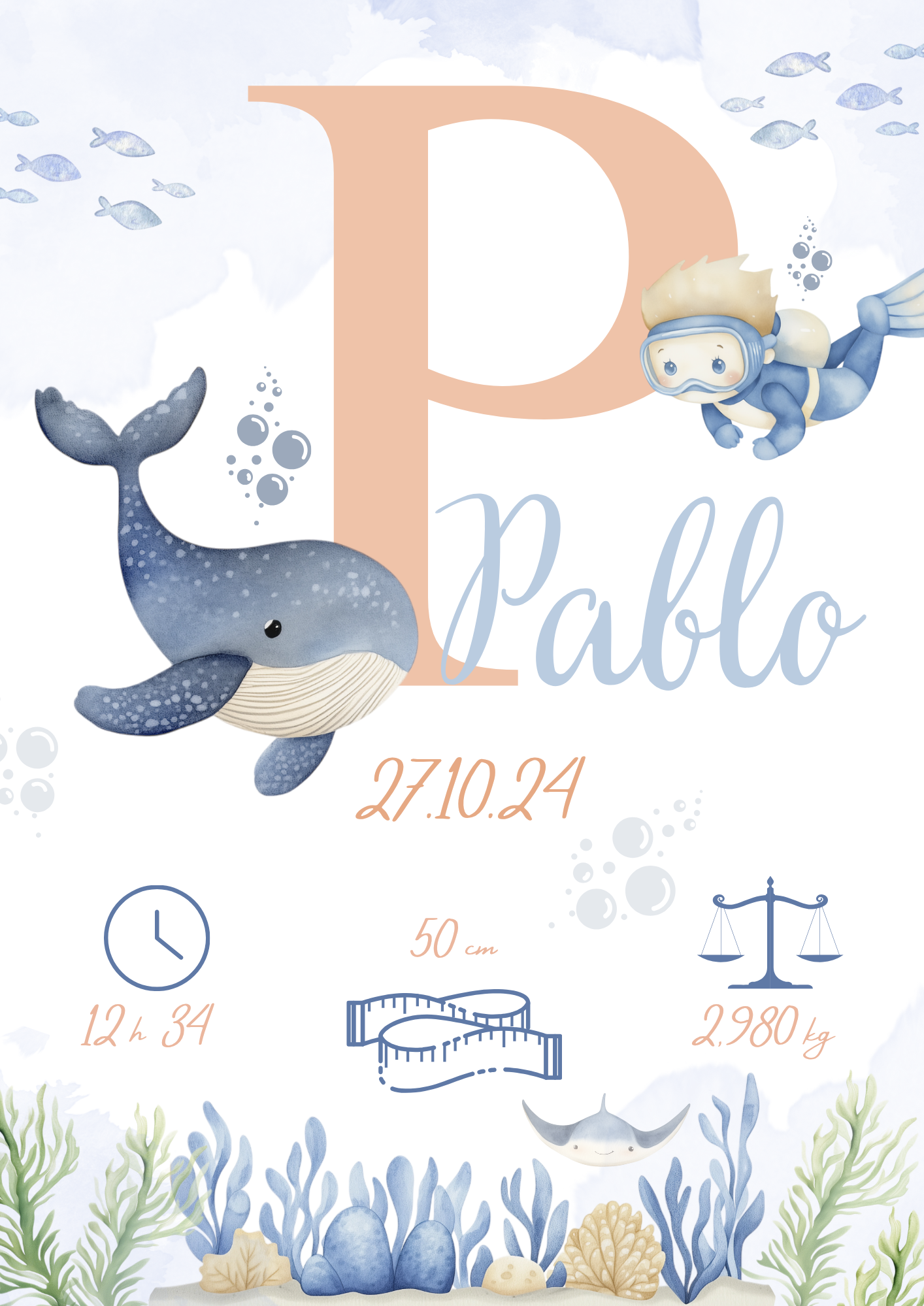 Affiche personnalisée sous l'océan, baleine,mer