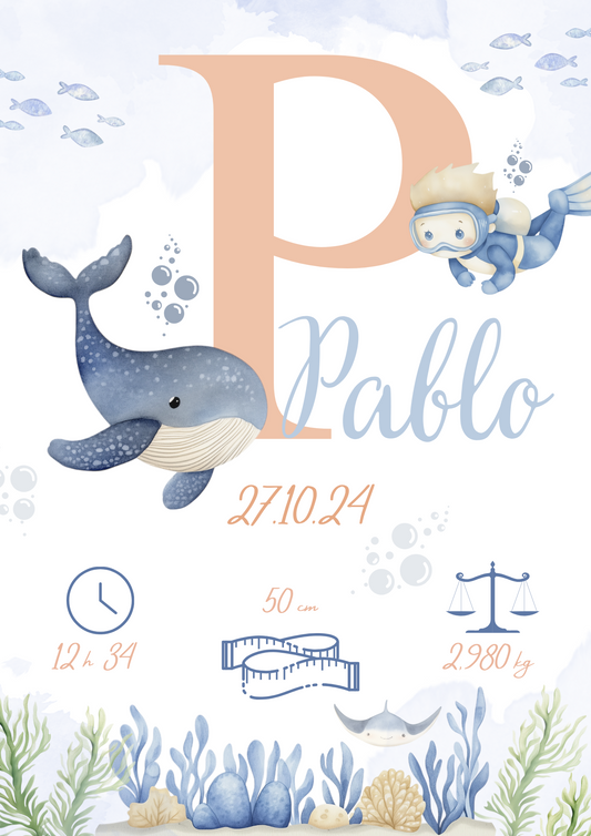 Affiche personnalisée de naissance sous l'océan, baleine, mer déco chambre bébé