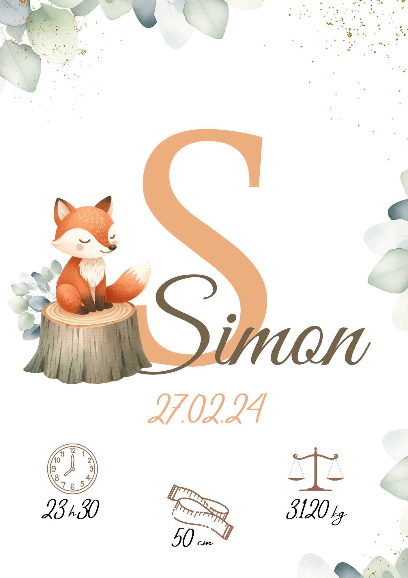 Affiche personnalisée, renard sur tronçon de bois avec eucalyptus