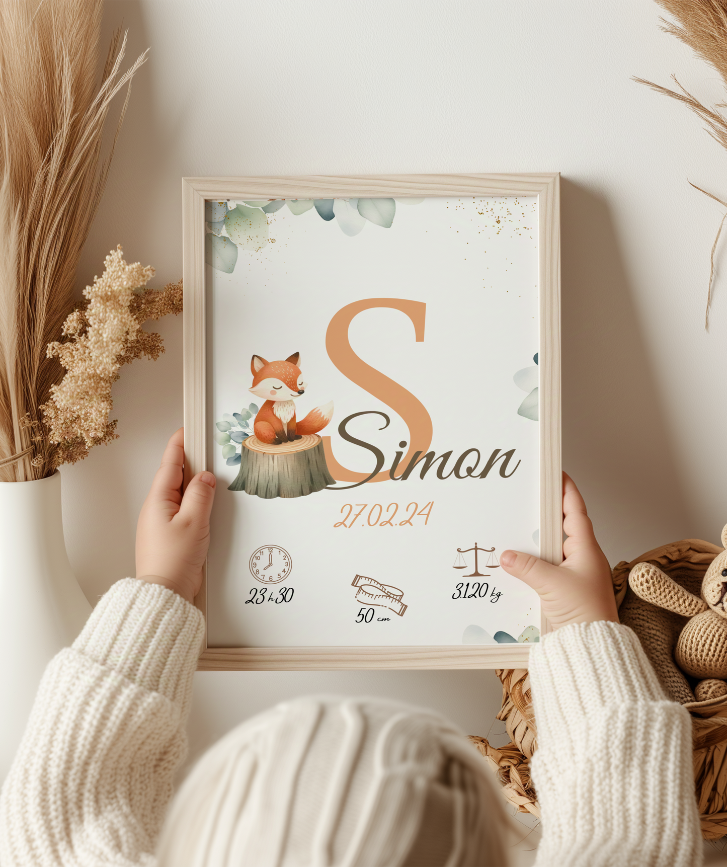 Affiche personnalisée, renard sur tronçon de bois avec eucalyptus