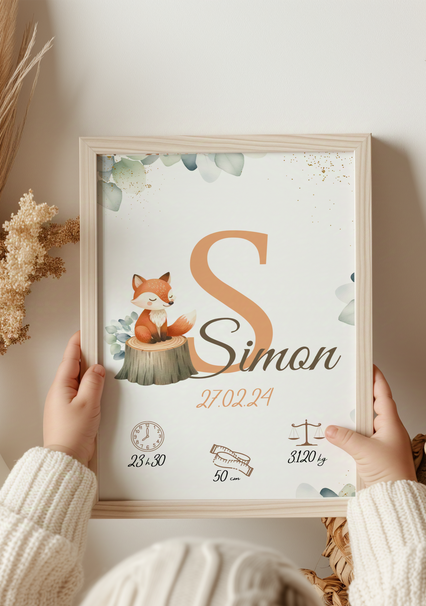 Affiche personnalisée, renard sur tronçon de bois avec eucalyptus