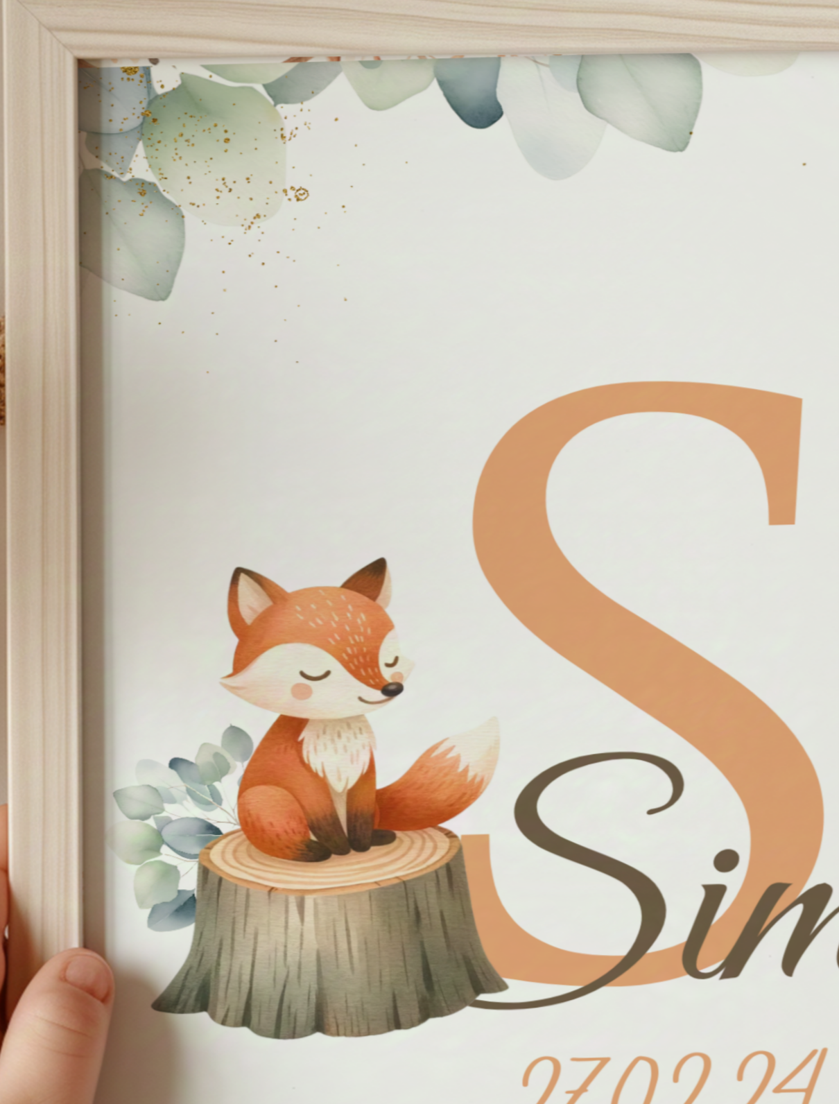 Affiche personnalisée, renard sur tronçon de bois avec eucalyptus