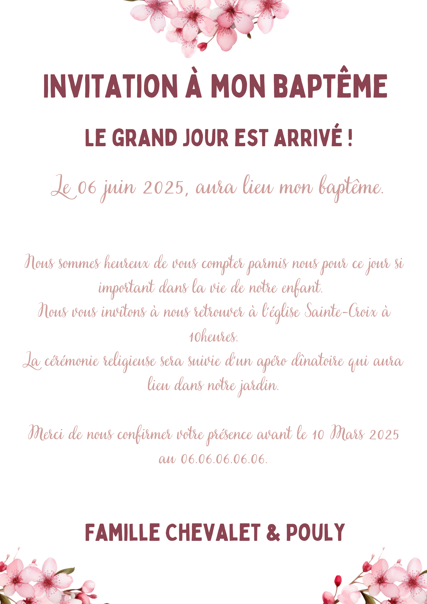 Faire part baptême fille " fleurs de cerisier "