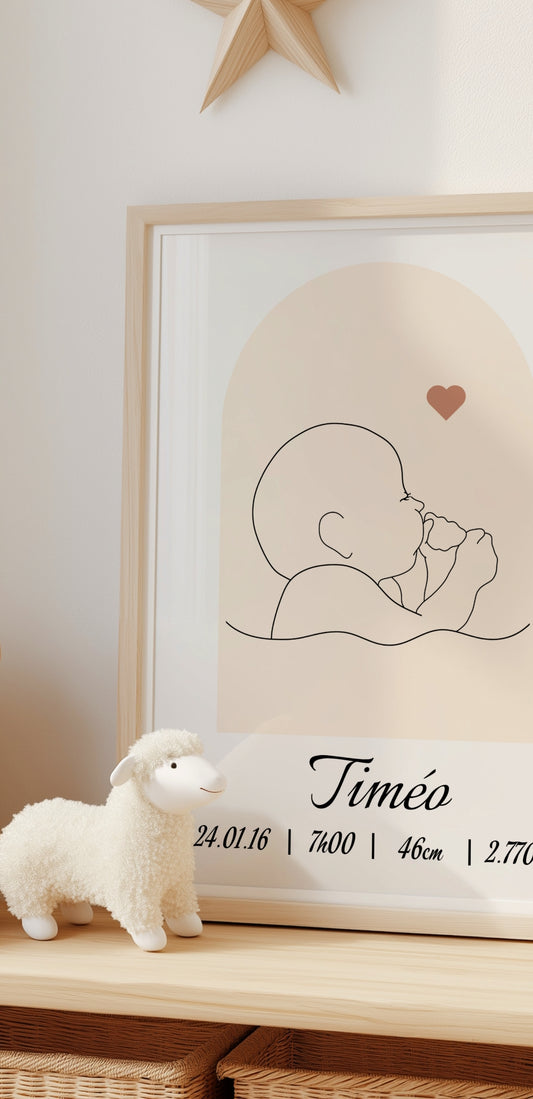 Affiche Naissance Minimaliste – Illustration Bébé qui suce son pouce (Line Art)