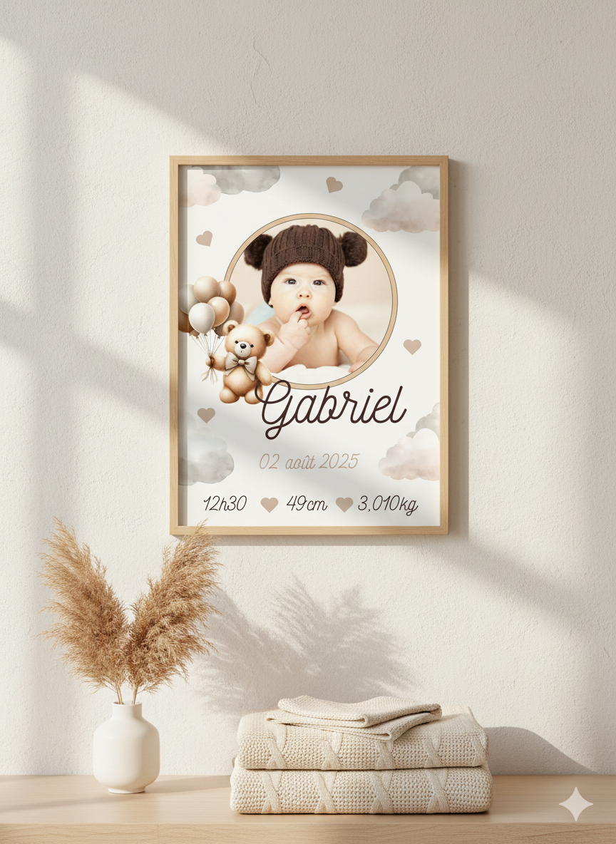 Affiche de naissance avec photo ourson