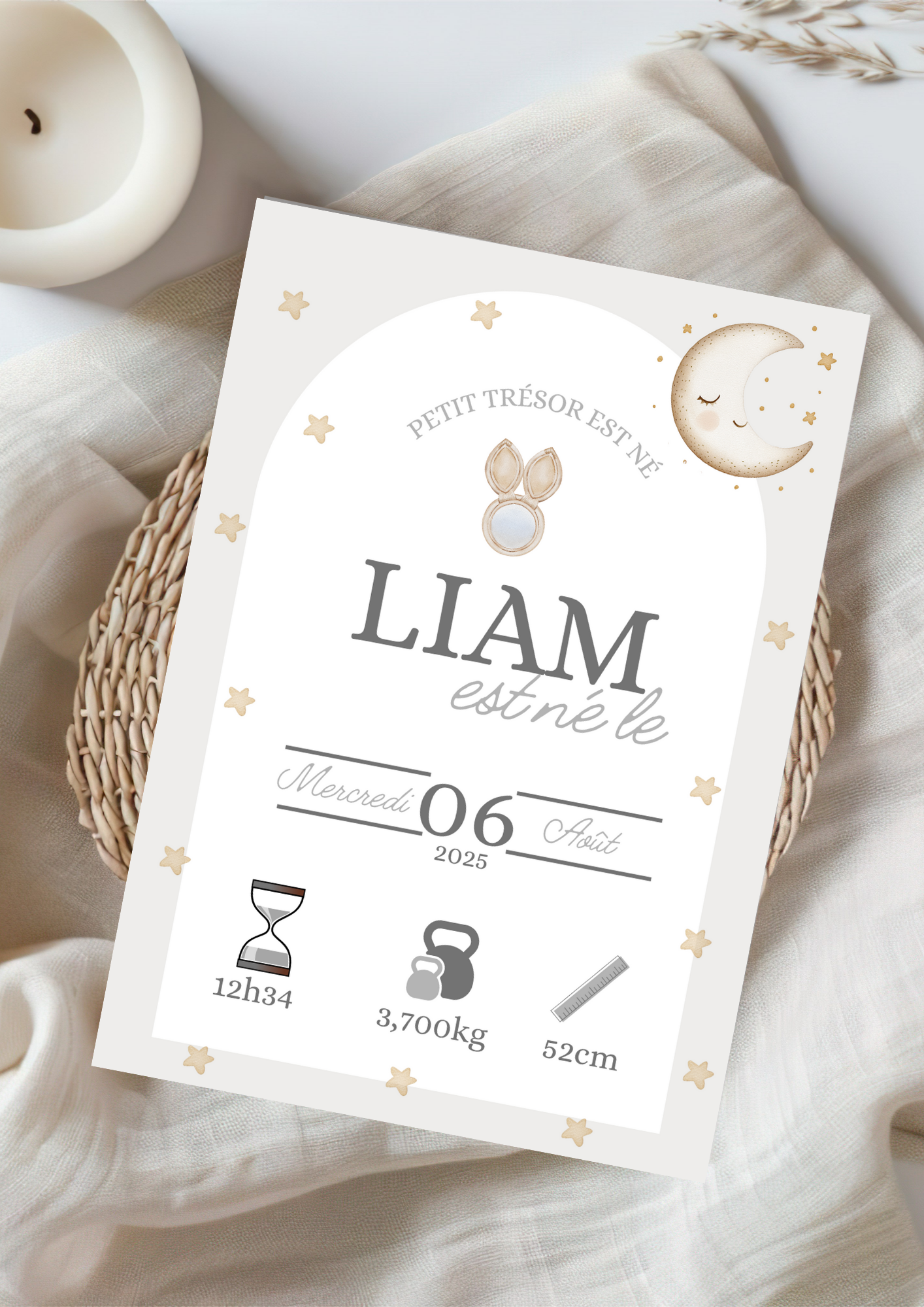 Annoncez la naissance de votre trésor avec tendresse : Faire-part gris et lune