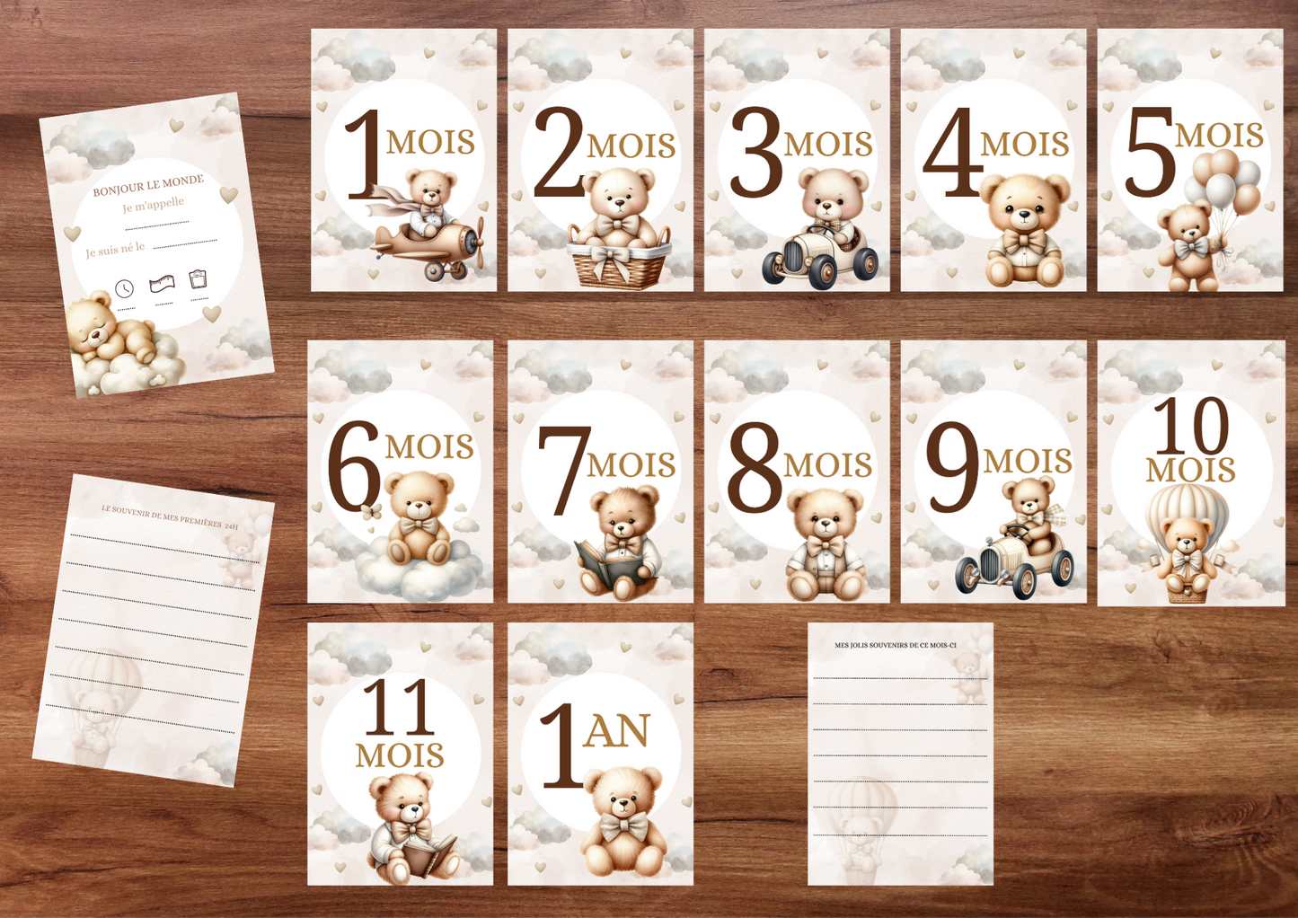 Cartes étapes bébé de 1 mois à 1 an " thème ourson brun "