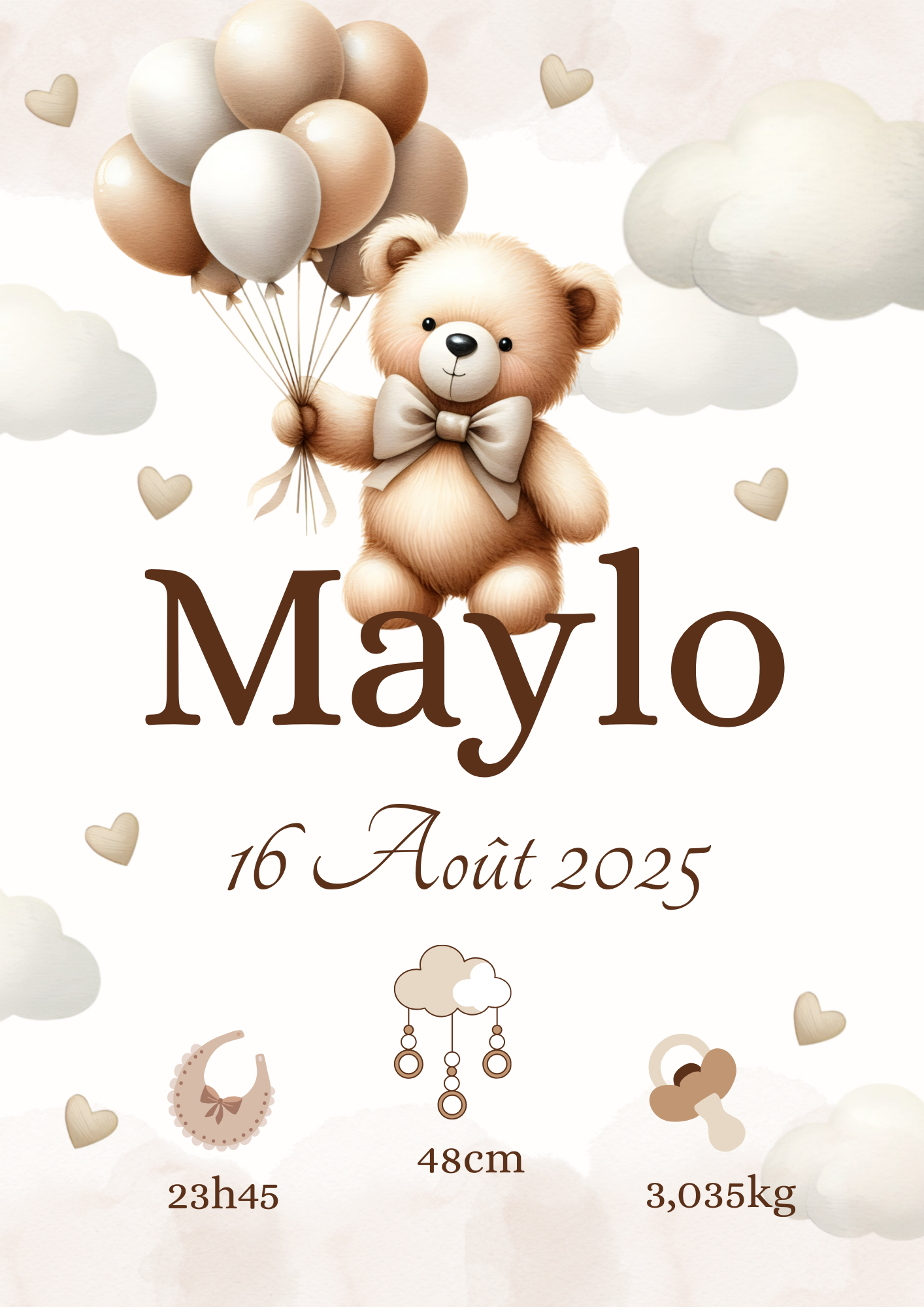 Affiche de naissance personnalisée " ourson avec des ballons " chambre déco enfant