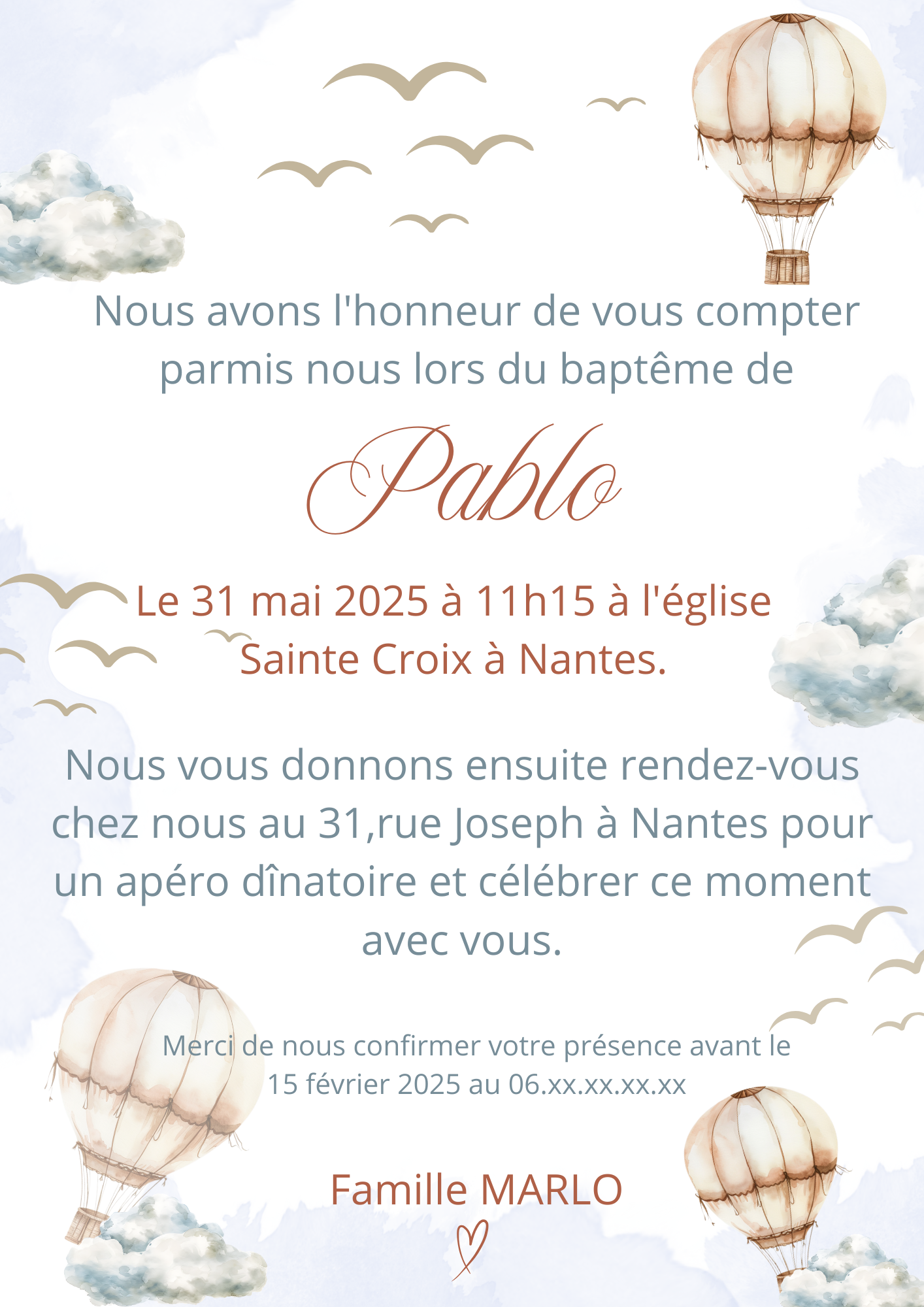 Faire part baptême garçon " dans les airs "