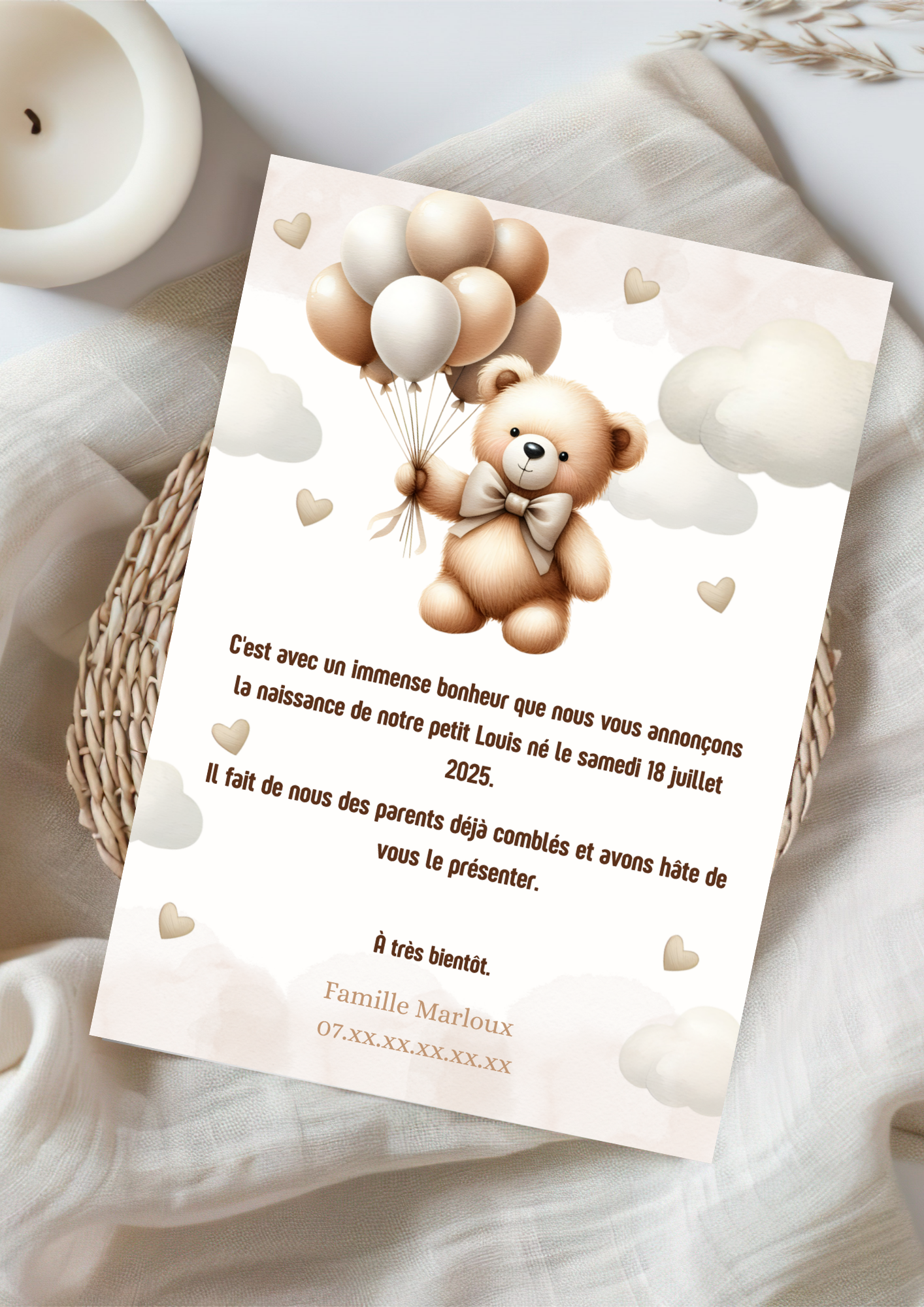 Faire part naissance ourson recto verso