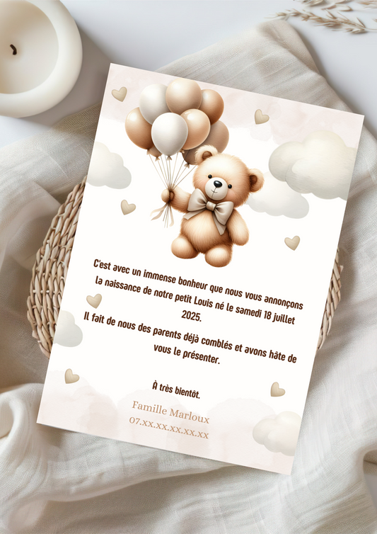 Faire part naissance ourson recto verso