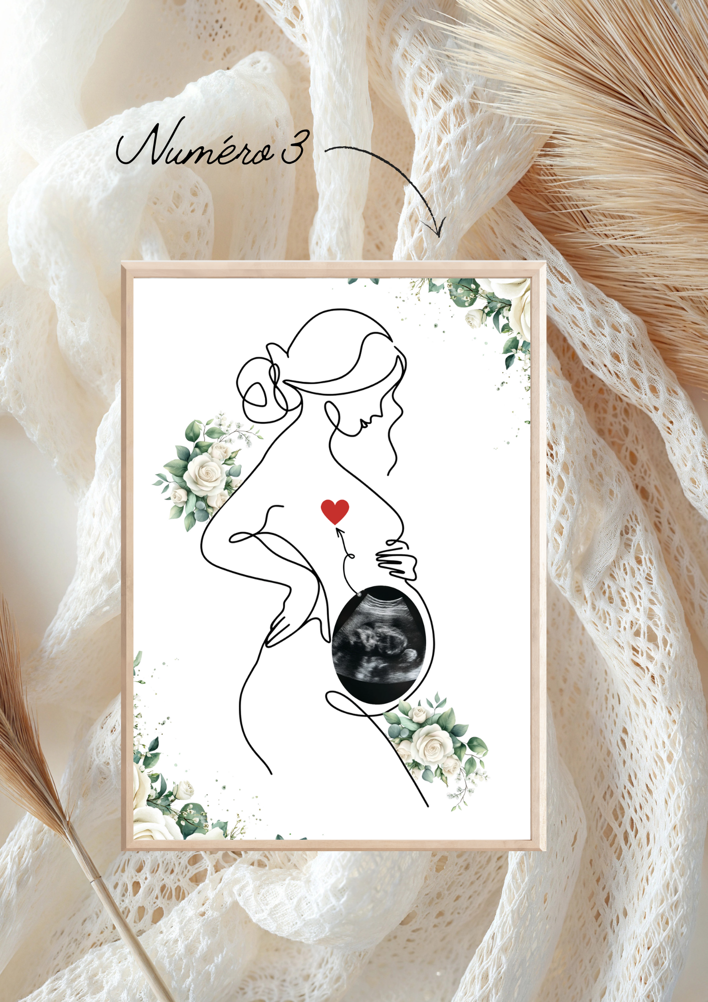 Affiche Souvenir Grossesse – Illustration Line Art avec Échographie Bébé