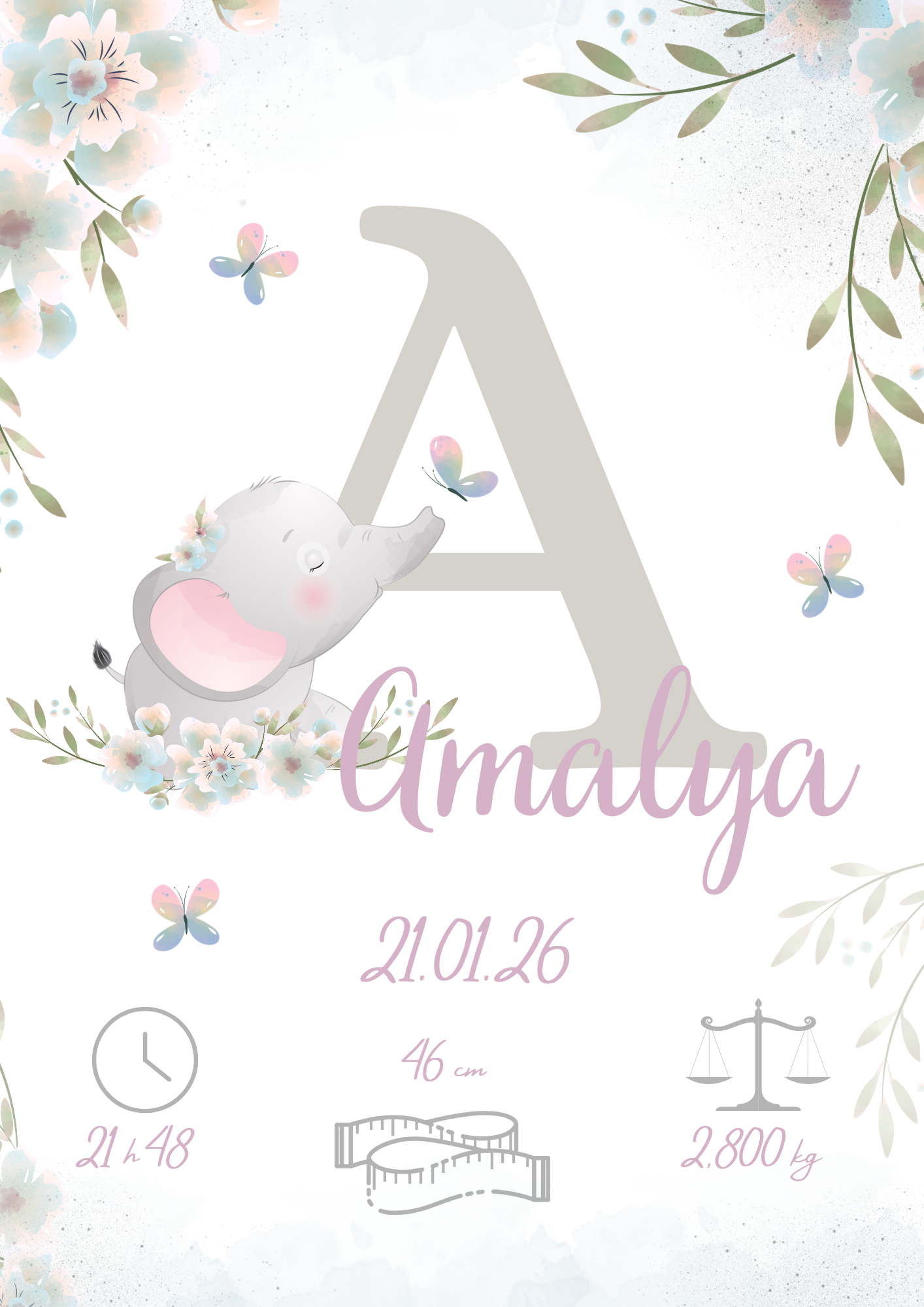 Affiche de naissance personnalisée éléphant et sa jolie couronne et de jolies fleurs, animaux déco chambre fille