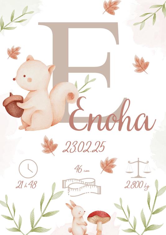 Affiche personnalisée, thème nature, animaux de la forêt, écureuil " déco murale chambre enfant