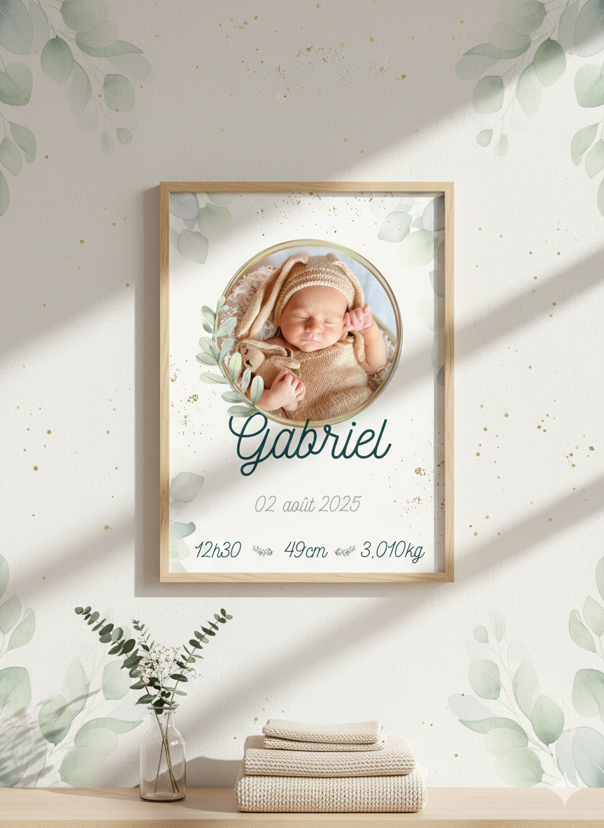 Affiche de naissance avec photo eucalyptus