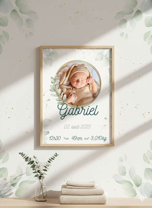 Affiche de naissance avec photo eucalyptus