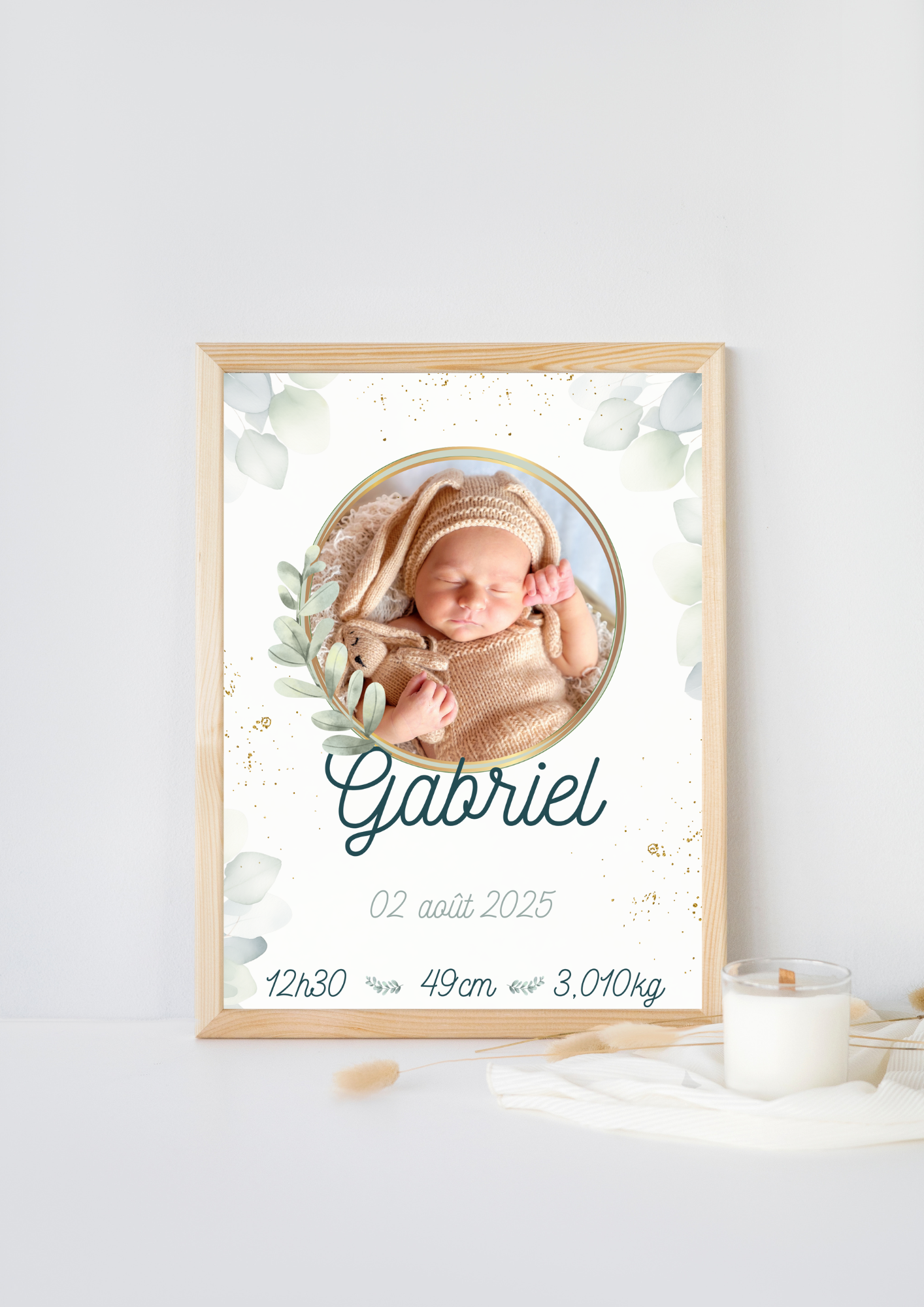 Affiche de naissance avec photo eucalyptus