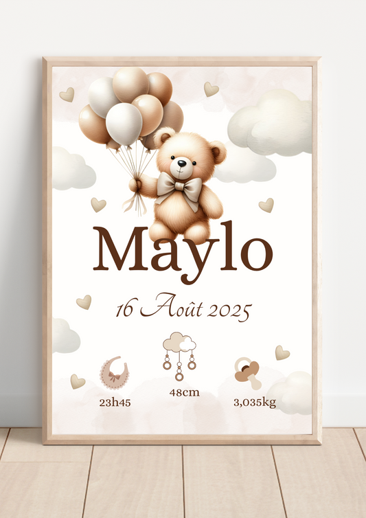 Affiche de naissance personnalisée " ourson avec des ballons " chambre déco enfant