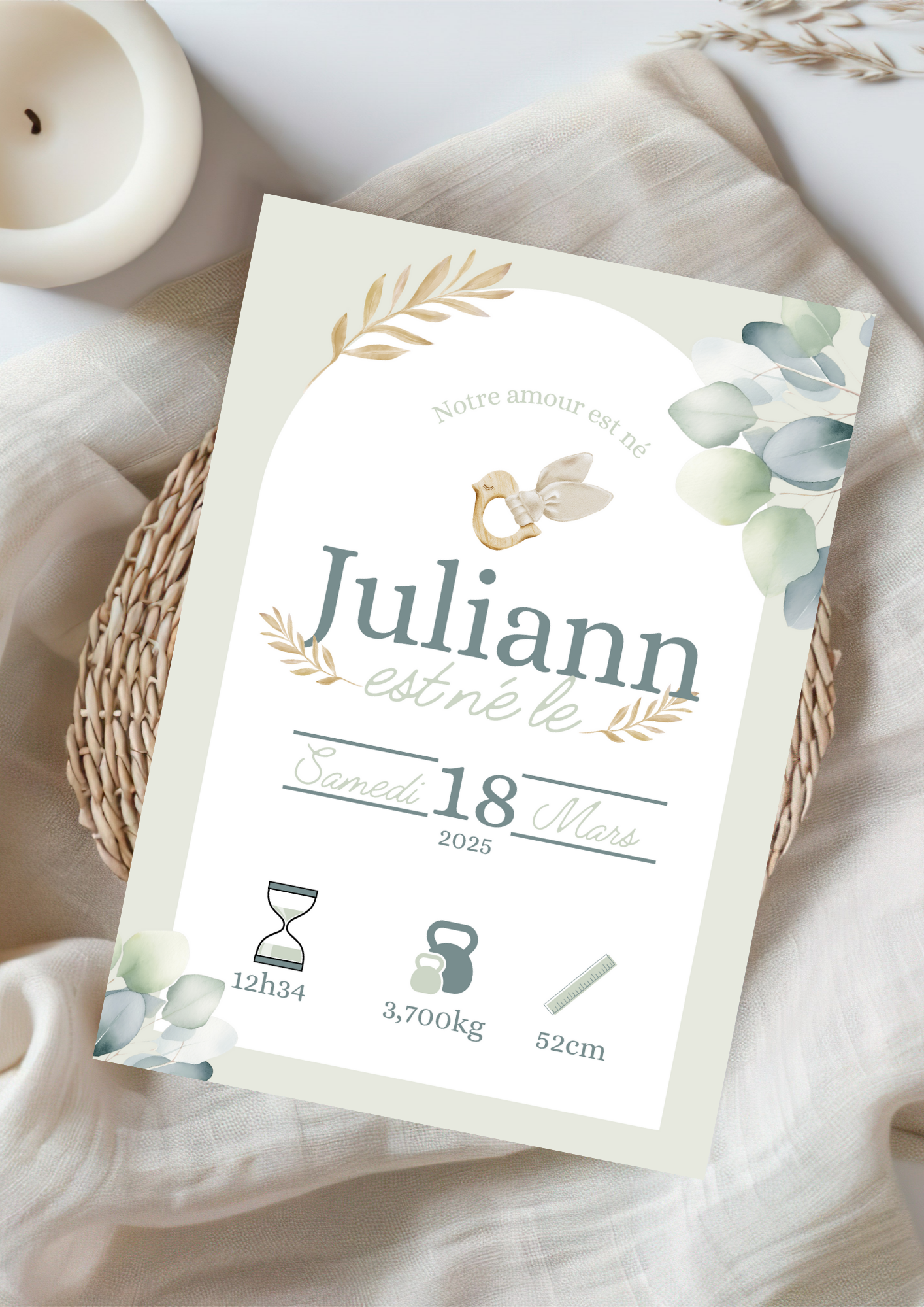 Annoncez la naissance de votre trésor avec tendresse : Faire-part eucalyptus