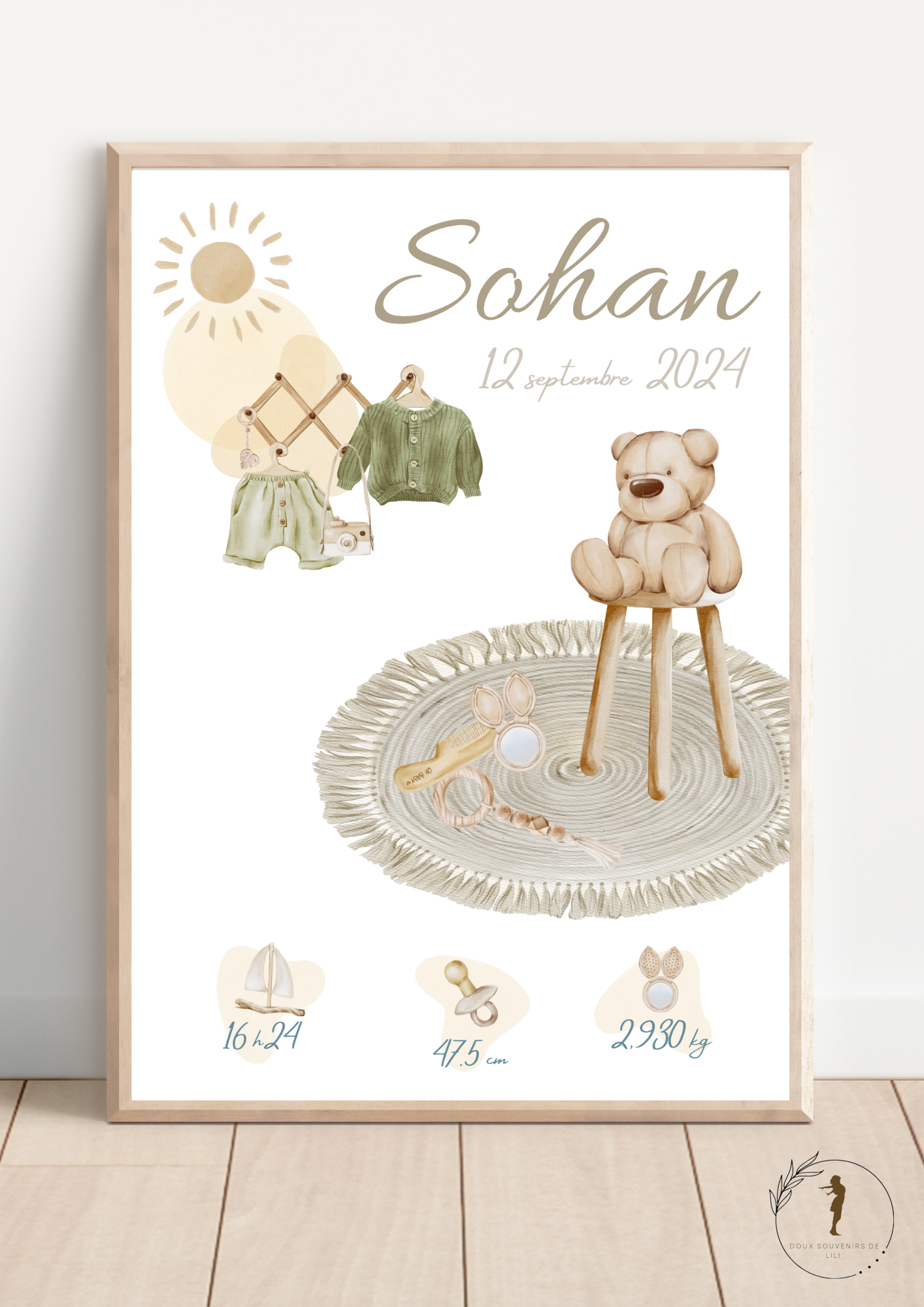 Affiche personnalisée de naissance, thème boho, ourson, cosy, épurée