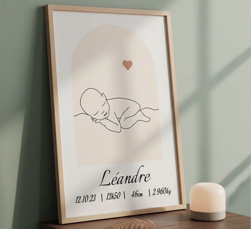 Affiche Minimaliste Line Art Naissance – Portrait Bébé Personnalisé pour Décoration Chambre