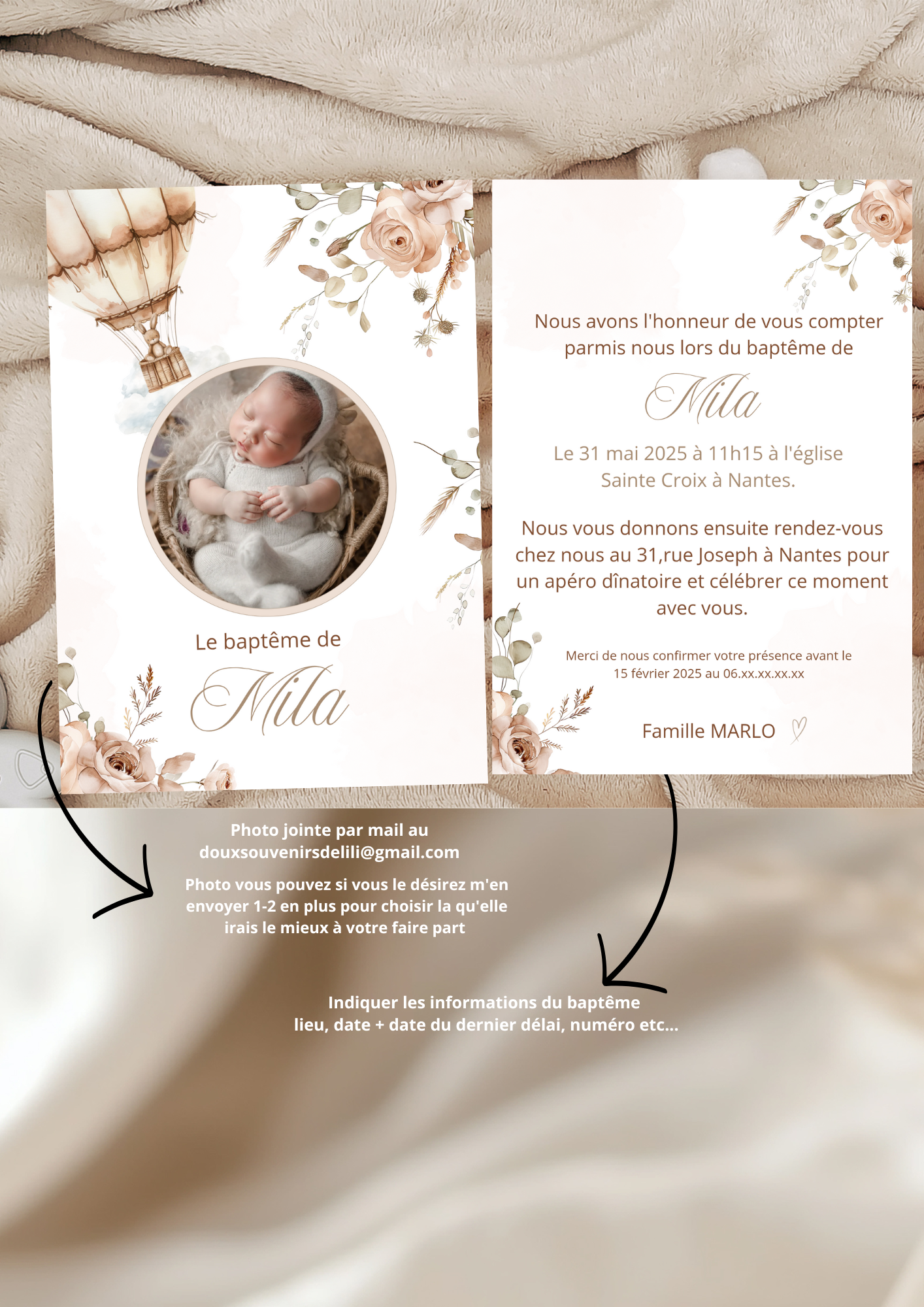 Faire-part baptême " florale et montgolfière"