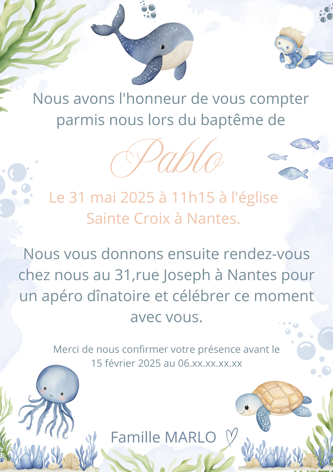 Faire part baptême garçon " sous l'océan "