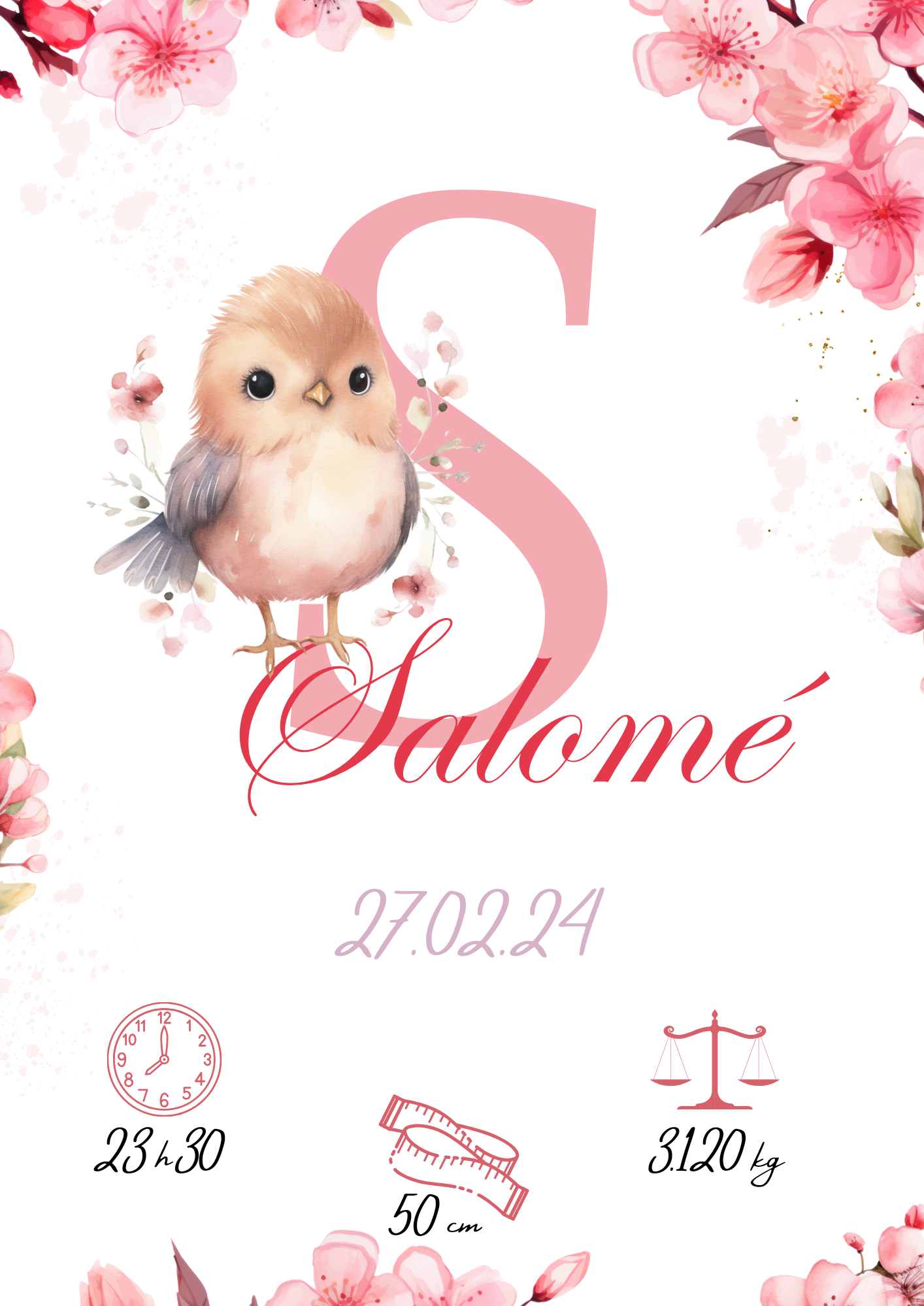 Affiche personnalisée, petit oiseau avec fleurs de cerisiers