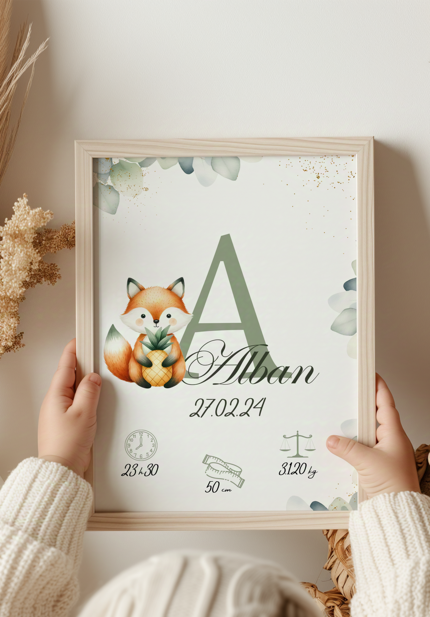 Affiche personnalisée, renard et son ananas avec eucalyptus