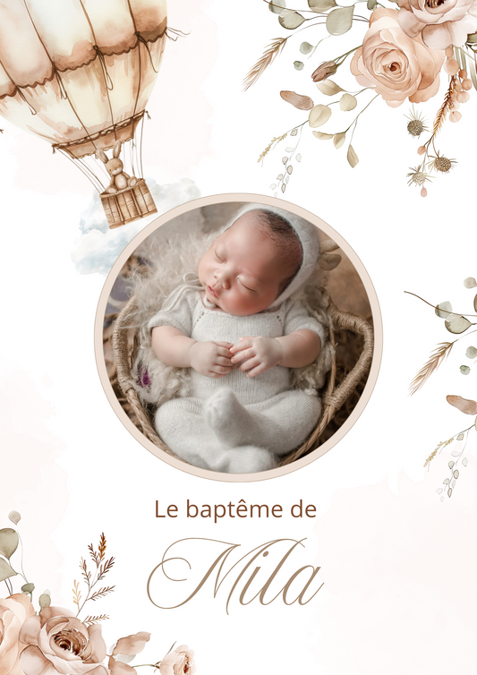 Faire-part baptême " florale et montgolfière"