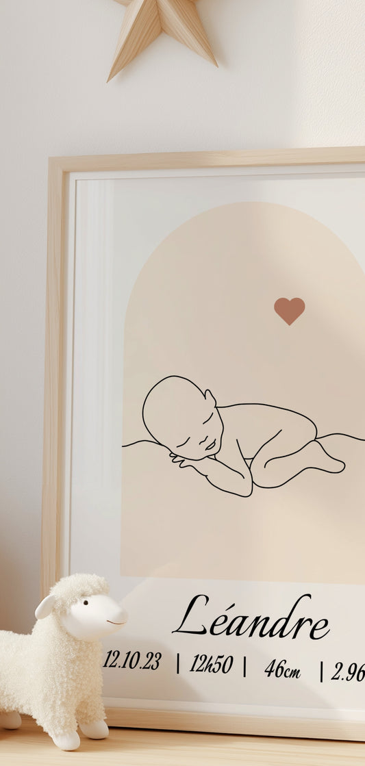 Affiche minimaliste Line Art, bébé qui dort paisiblement.