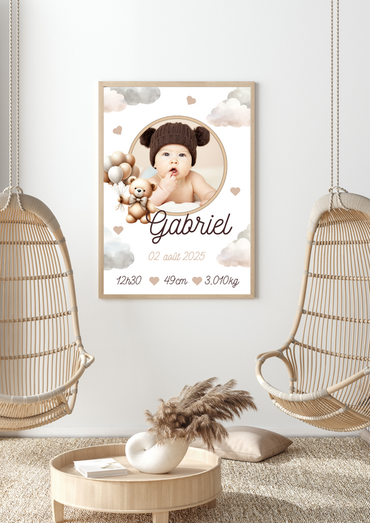 Affiche de naissance avec photo ourson