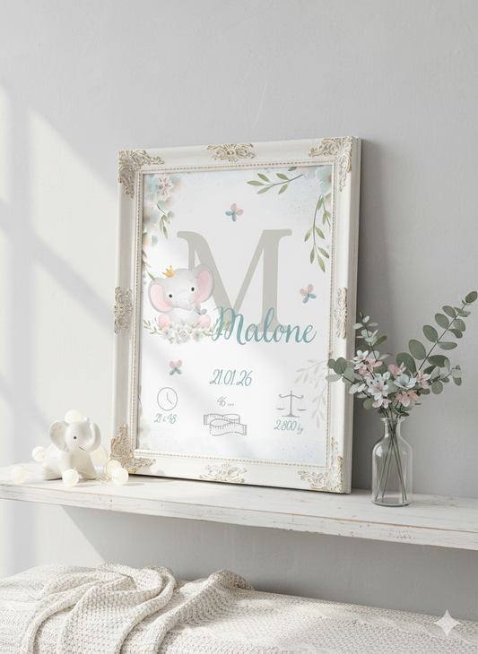 Affiche de naissance personnalisée éléphant et sa jolie couronne et de jolies fleurs, animaux déco chambre garçon