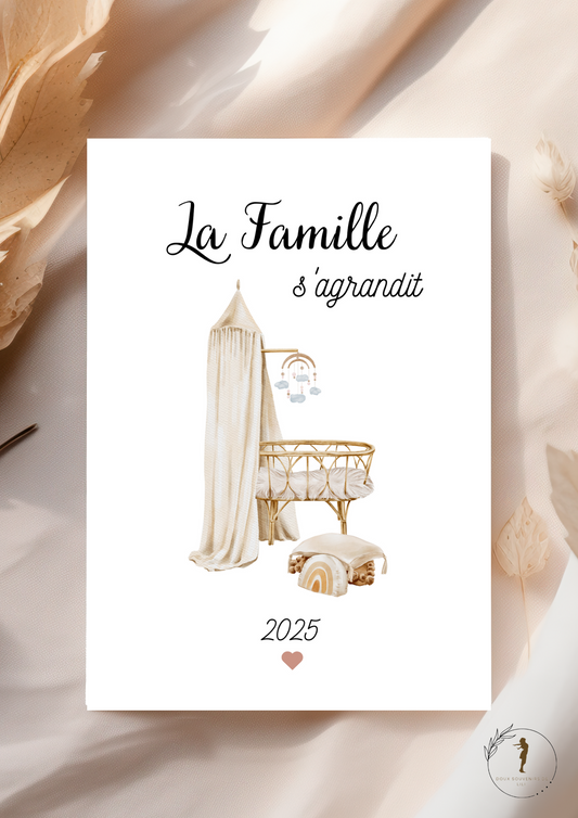 Carte annonce " LA FAMILLE S'AGRANDIT" thème boho