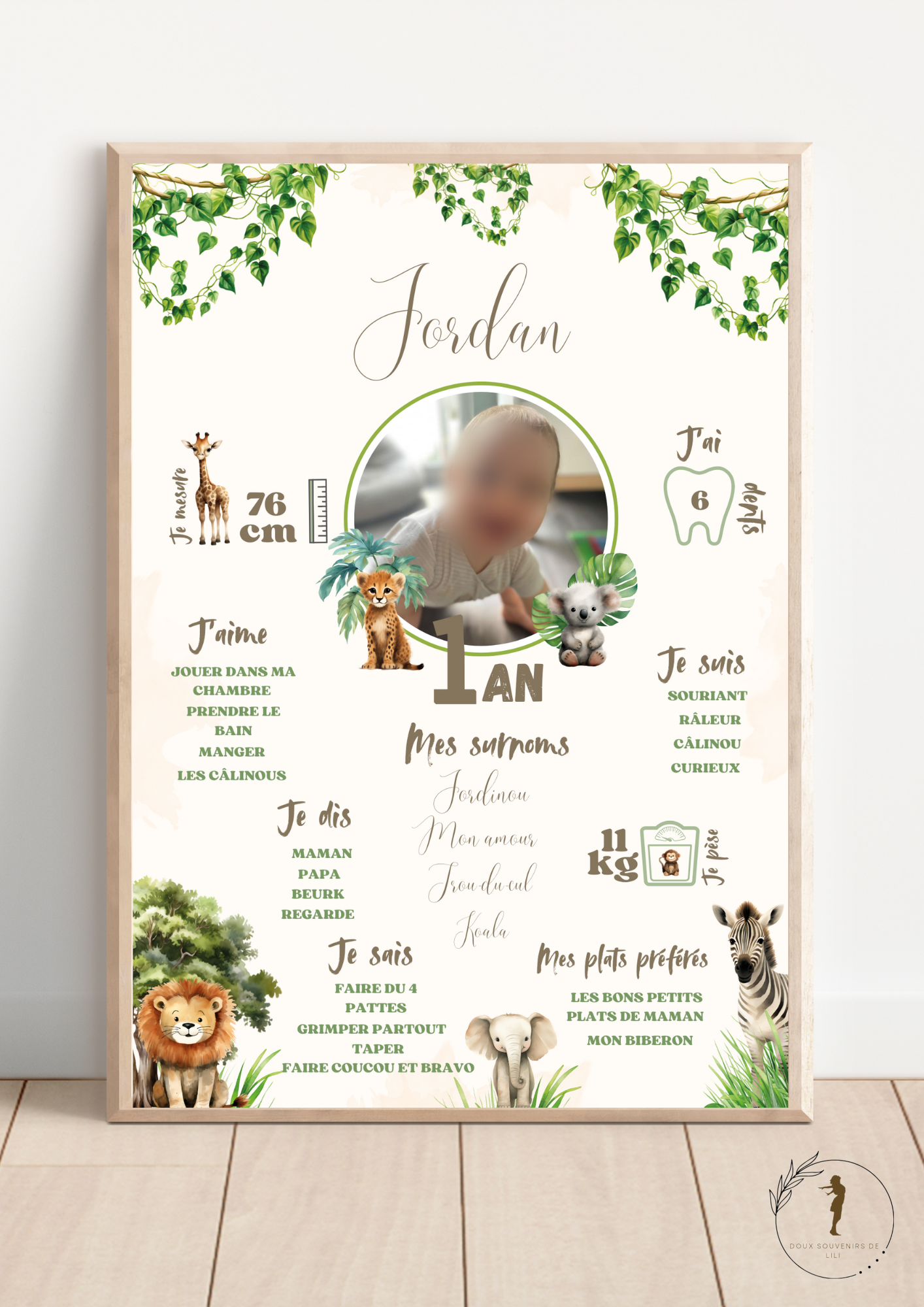 Affiche personnalisée anniversaire, baptême, informations de l'enfant thème jungle,savane