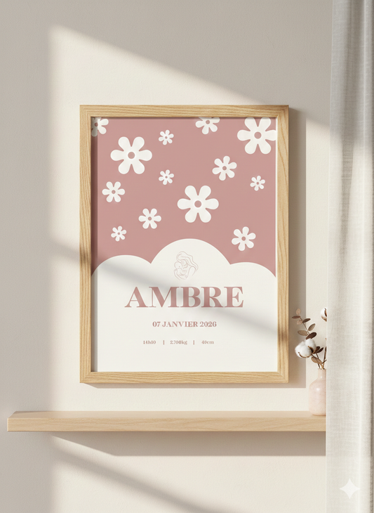 Affiche de naissance personnalisée, floral déco chambre enfant épurée