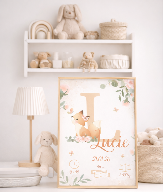 Affiche de naissance personnalisée petit renardeau et ses jolies fleurs , animaux déco chambre fille