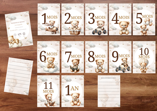 Cartes étapes bébé de 1 mois à 1 an " thème ourson brun "