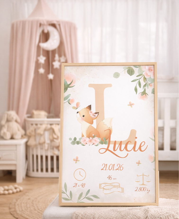 Affiche de naissance personnalisée petit renardeau et ses jolies fleurs , animaux déco chambre fille