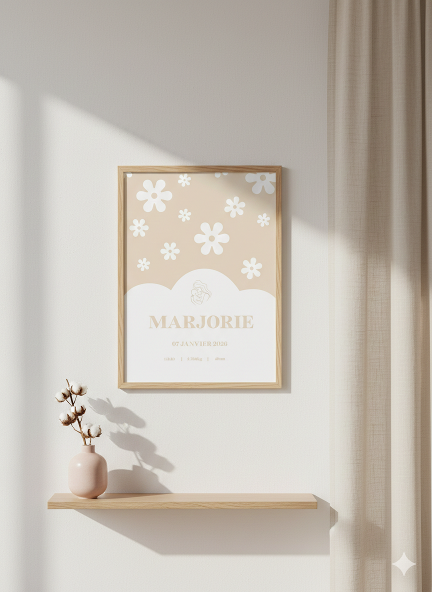 Affiche de naissance personnalisée, floral déco chambre enfant épurée