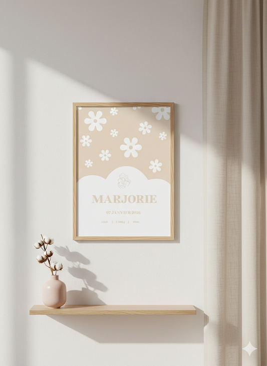 Affiche de naissance personnalisée, floral déco chambre enfant épurée