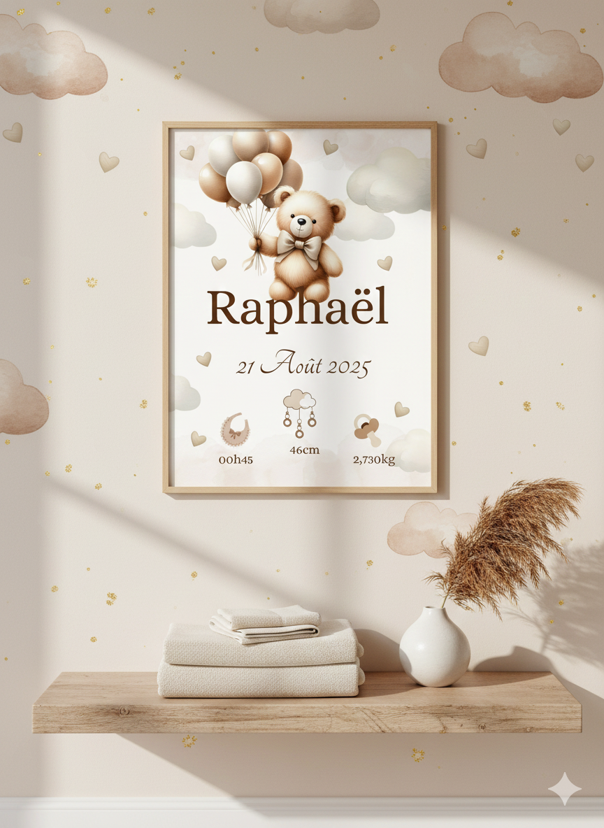 Affiche de naissance personnalisée " ourson avec des ballons " chambre déco enfant