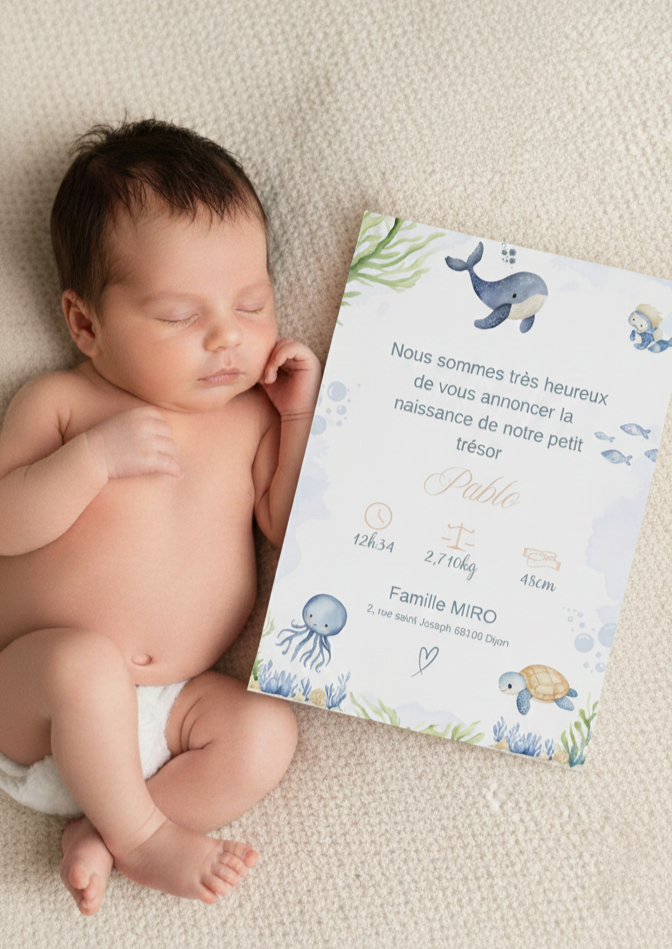 Annoncez la naissance de votre trésor avec tendresse : Faire-part sous l'océan marin