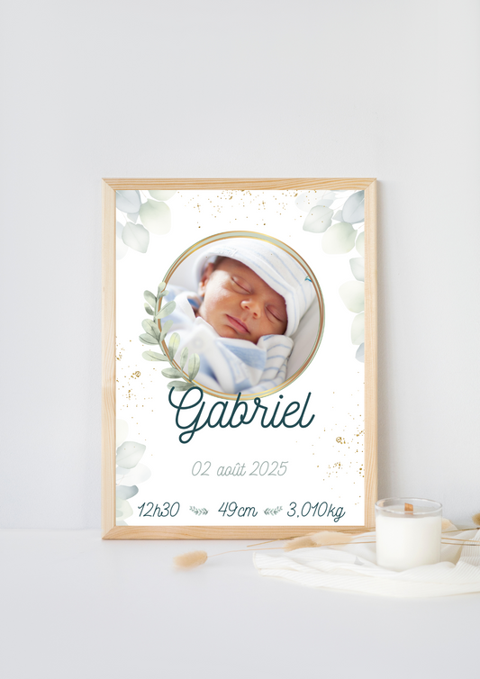 Affiche de naissance avec photo eucalyptus