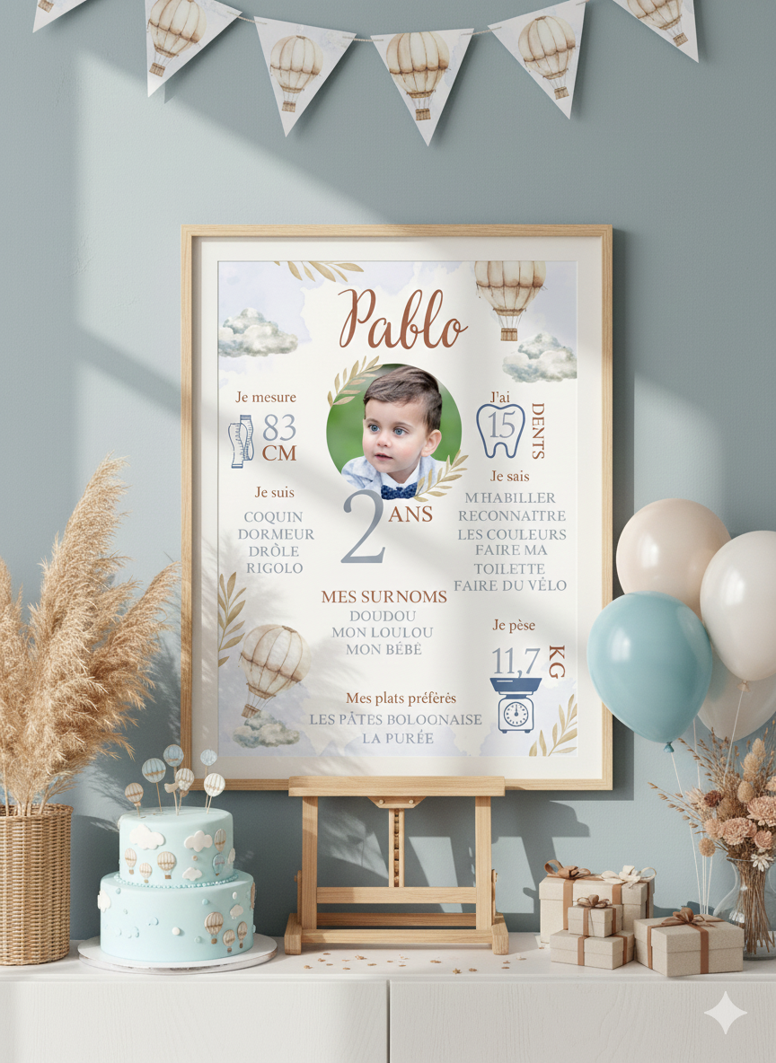 Affiche personnalisée anniversaire " dans les airs " nuage, montgolfière, bleu,