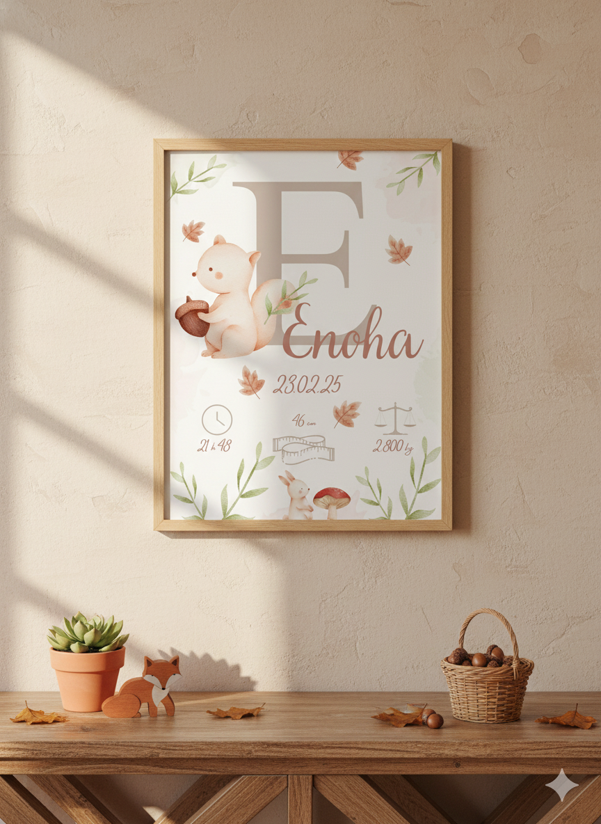 Affiche personnalisée, thème nature, animaux de la forêt, écureuil " déco murale chambre enfant