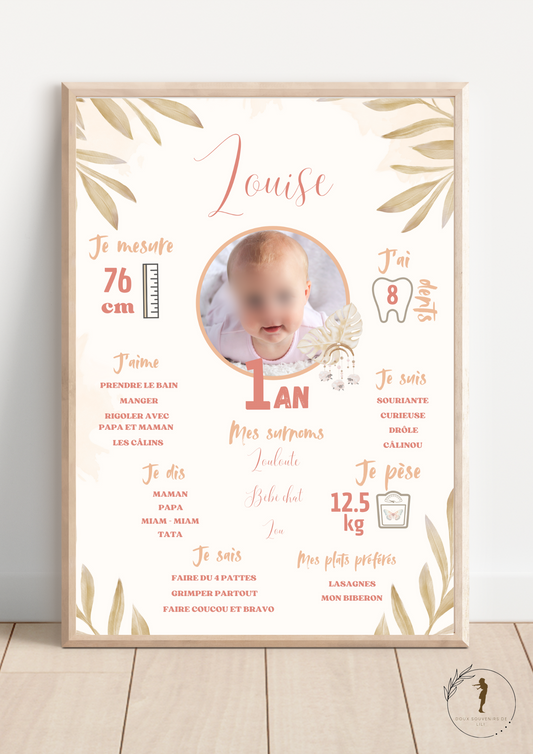 Affiche personnalisée anniversaire, baptême, informations de l'enfant thème boho